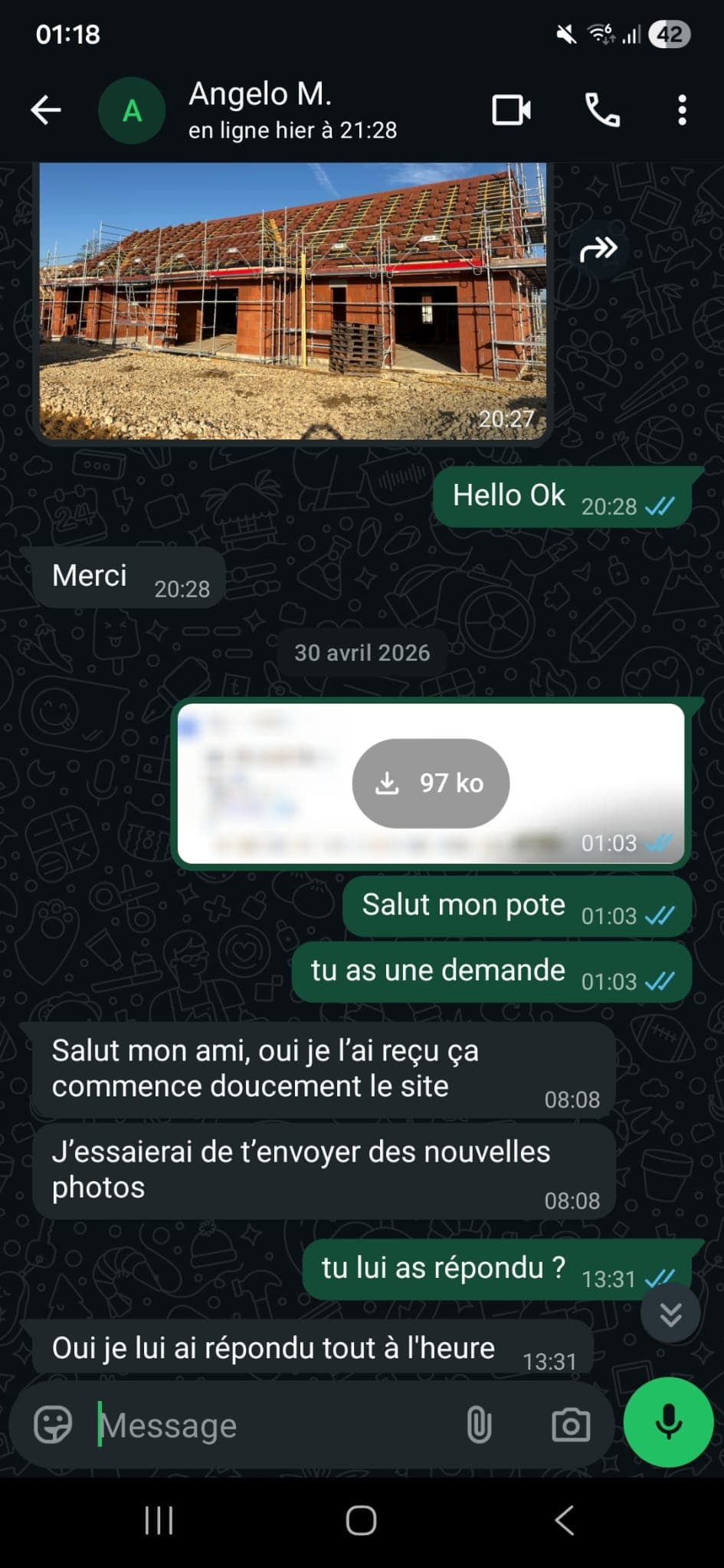 Échange WhatsApp Angelo M. — confirmation de demande reçue