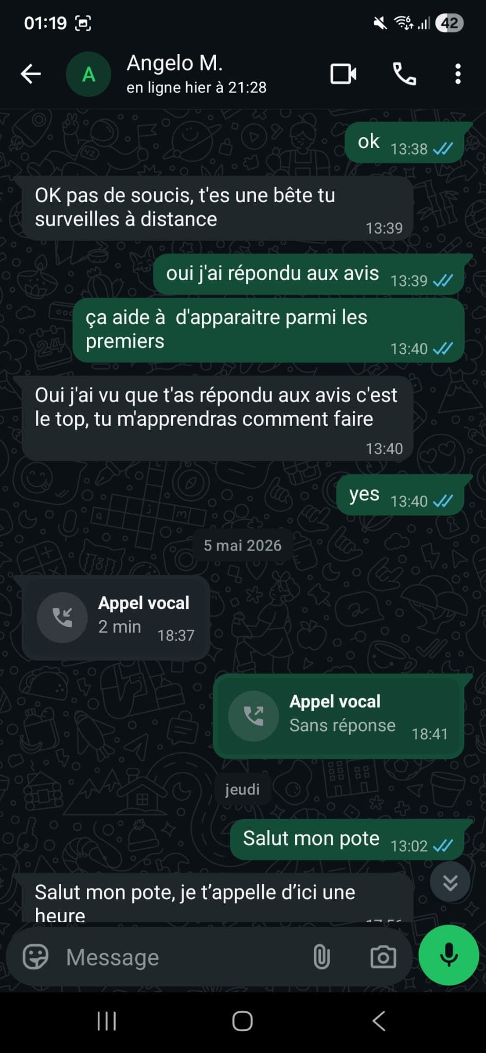 Échange WhatsApp Angelo M. — suivi des résultats