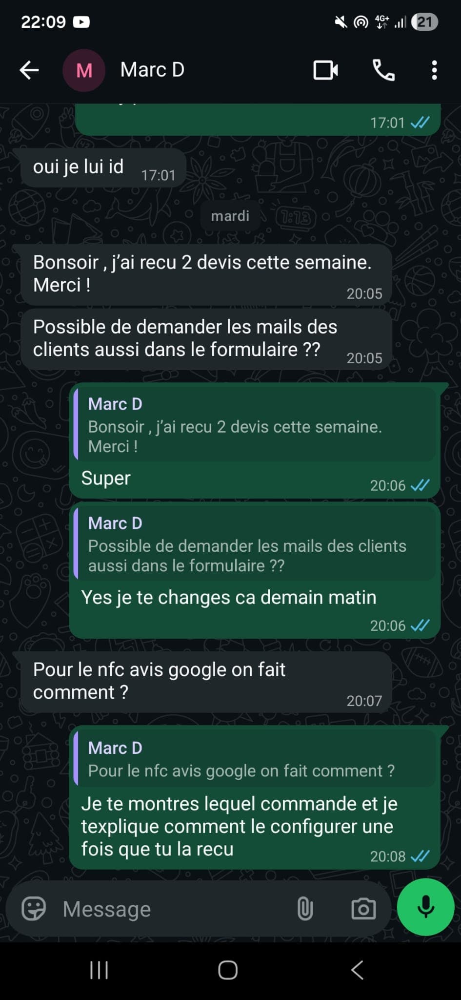 Échange WhatsApp Angelo M. — avis client